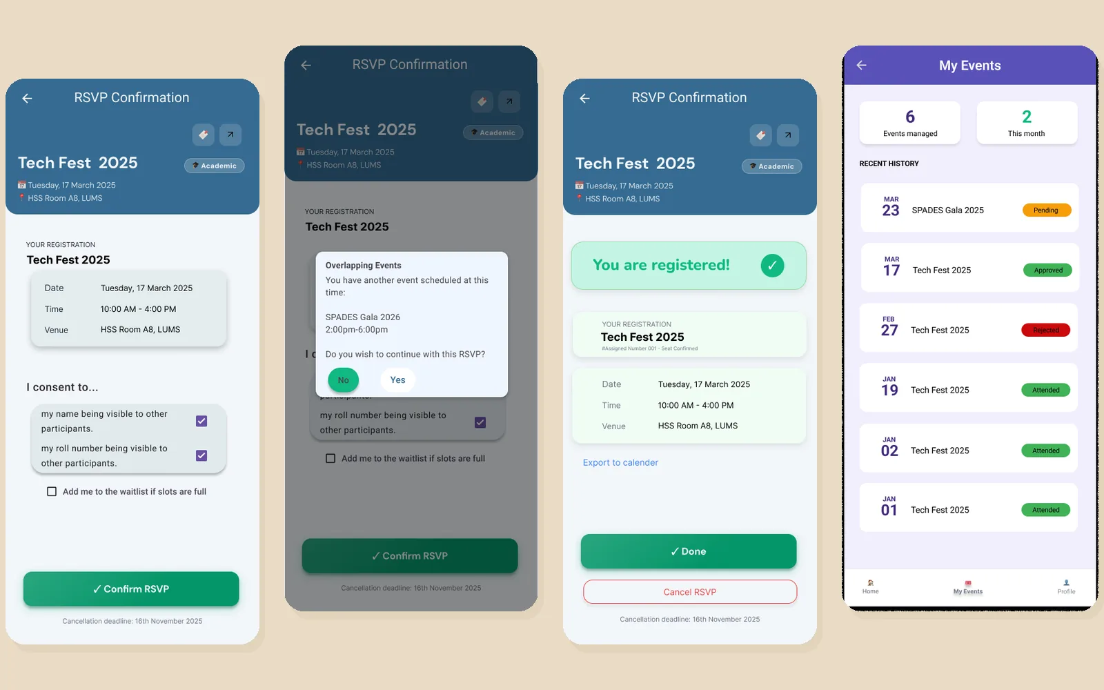 Four app screens: the RSVP form with consent checkboxes, the overlapping-events pop-up, the You are registered confirmation, and the My Events history list