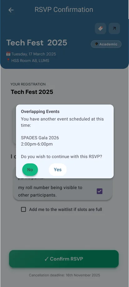 Overlapping Events pop-up naming another event at the same time and asking whether to continue