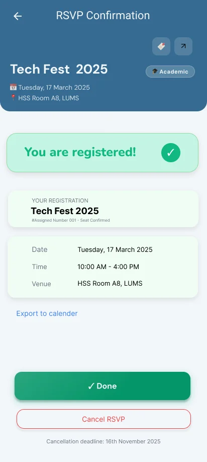 You are registered confirmation with seat number, export to calendar link and cancel RSVP button