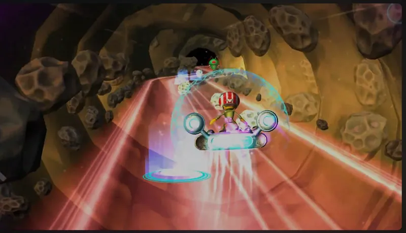 Dus Pattay gameplay: a character racing through a glowing forest tunnel