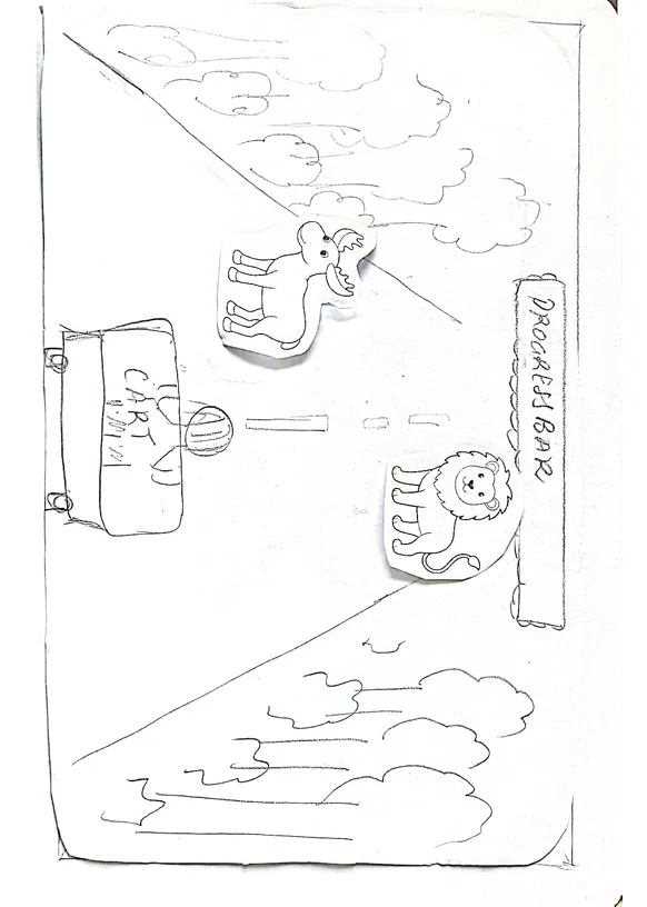 Pencil sketch of a later Dus Pattay phase with a cart on a track