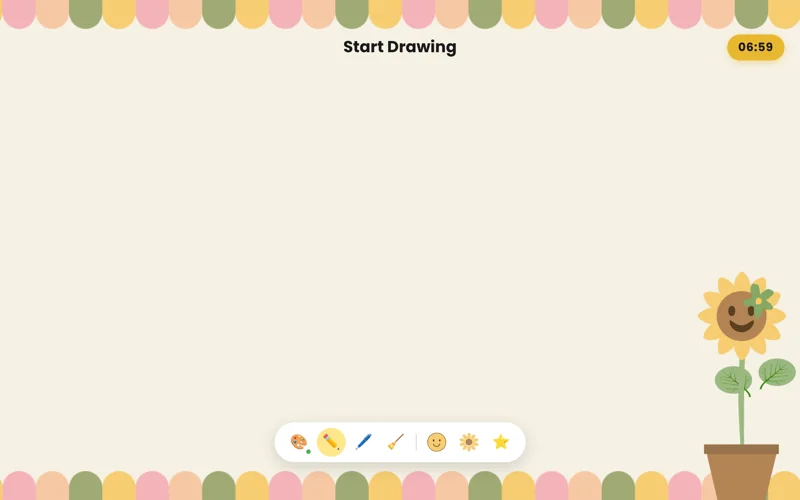 Start Drawing screen with a timer, a toolbar of brushes, emotion stickers and stars, and the child's flower watching from the corner