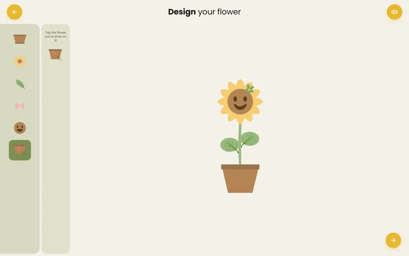 Design your flower screen: picture-only tabs for pot, petals, leaves, accessories, face and drawing on the pot, beside a smiling sunflower in a pot