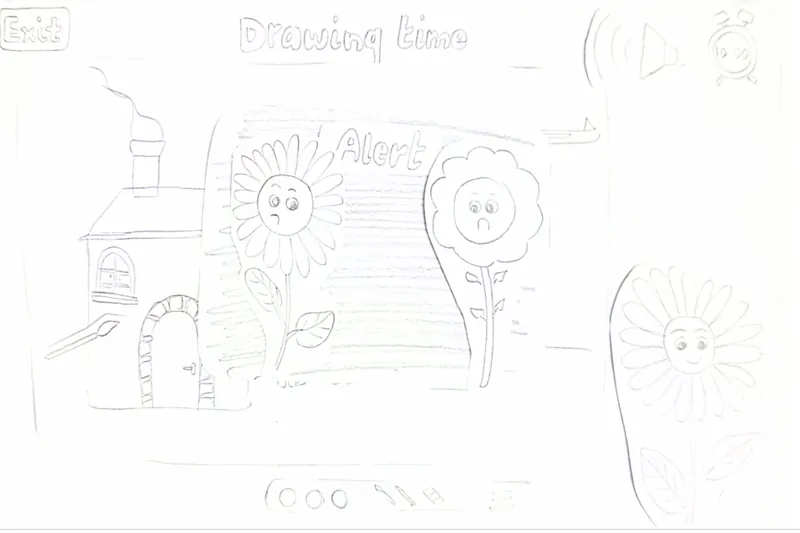 Low-fidelity sketch of the drawing-time screen in the garden
