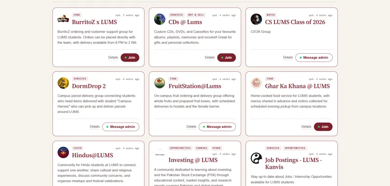 Grid of Linkiln group cards, each with a category chip, last-updated time, description, and Details and Join buttons