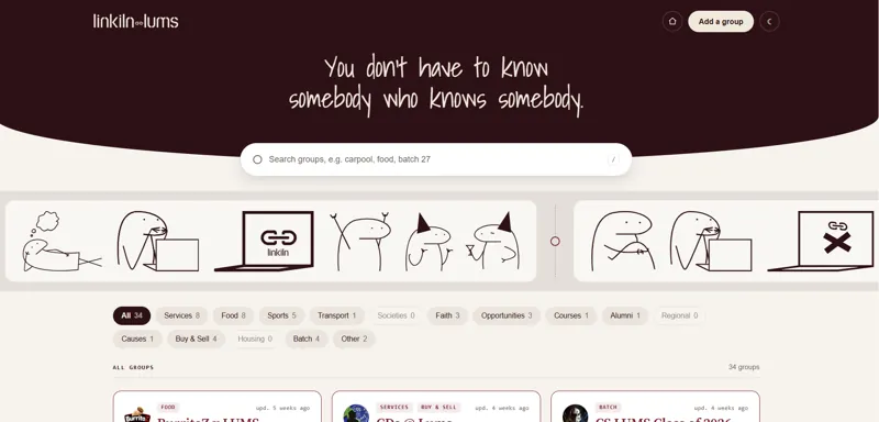 Linkiln LUMS home page: handwritten hero line, search bar, illustrated story strip and category filters