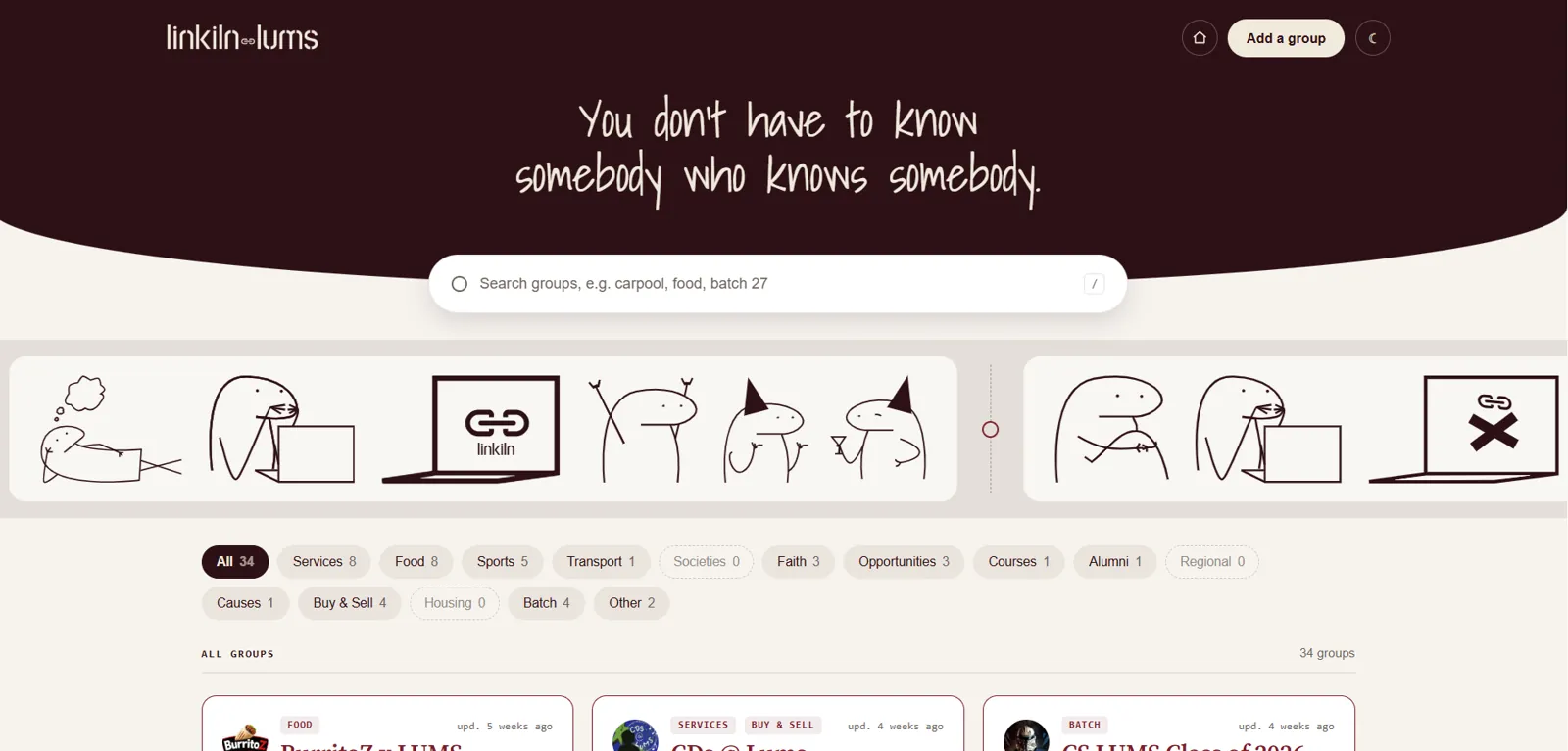 Linkiln LUMS home page: dark dome with a handwritten promise, a wide search bar, an illustrated story strip and category pills